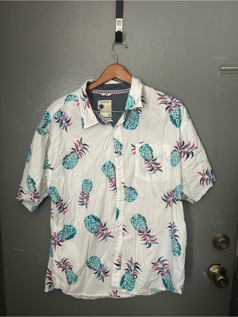 Free Planet White Short Sleeve Button-Up with Teal and Pink Pineapple Print